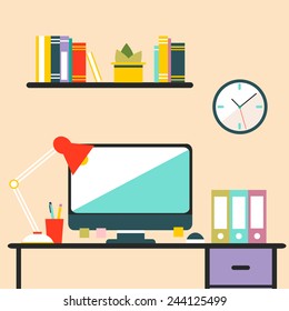 Conceptual flat design workspace interior with personal computer, book shelf, lamp and stationery. Vector objects. Modern illustration. Perfect elements for your info graphic. 
