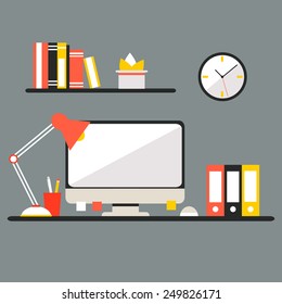 Conceptual flat design workspace interior with personal computer, book shelf, lamp and stationery. Vector objects. Modern illustration. Perfect elements for your info graphic. 