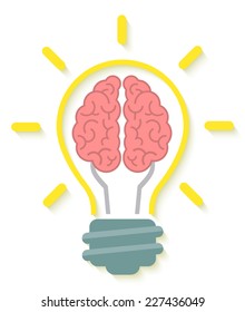 Conceptual flat icon of brain and idea in the form of light bulb with soft shadow isolated on white