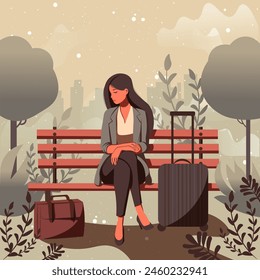 Conceptual flat illustration about emotional health. A sad woman sitting on a bench with a briefcase near her. 