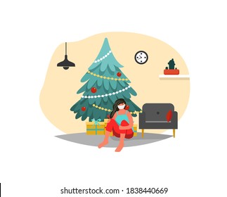 Conceptual flat illustration of Christmas alone. A girl in a medical mask at home for Christmas alone. Coronavirus at Christmas. New Year. Christmas tree. Loneliness Covid 19