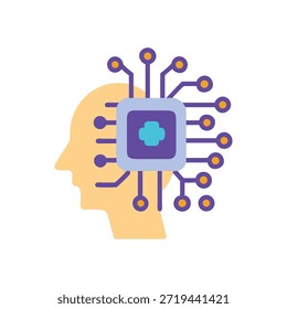 Ilustración plana conceptual de una silueta de cabeza humana conectada a un chip de computadora. Representa la IA y el avance tecnológico.