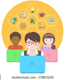 Conceptual flat illustration of the modern education of children by using computers 