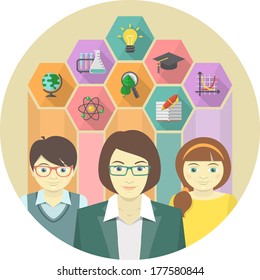 Conceptual flat illustration of a teacher woman and pupils with education icons in colored hexagons