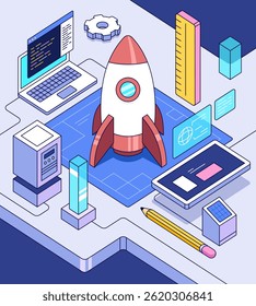 Uma ilustração plana conceitual de um foguete, computador, equipamento e projeto sugerindo tecnologia, inovação e start-up.