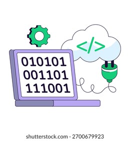 Ilustración conceptual de diseño de línea plana de datos binarios en la nube