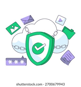 Ilustración conceptual de diseño de línea plana de seguridad en la nube