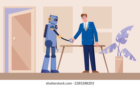Conceptual flat style illustration of businessman shaking hands with robot in office.