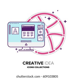 Conceptual flat style illustration with computer with color full background