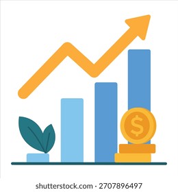 Ilustração conceitual do crescimento de negócios do vetor plano com setas, gráficos e moedas projetados para uso comercial de ações.