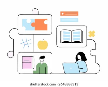 Conceptual flat vector of education process in puzzle pieces. Features icons like books, light bulb, charts, and devices, symbolizing learning structure and interconnected knowledge.