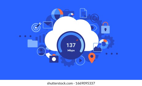 Conceptual flat vector illustration for cloud hosting. Moution animation ready cloud concept. Simple and clean blue vector background.