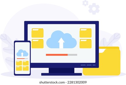 Ilustración conceptual de vector plano para almacenamiento en la nube. Cargar y descargar datos con servidores remotos mediante tecnologías en la nube. Servicio de almacenamiento de información. Banner del sitio web de diseño de línea plana