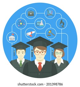 Conceptual flat vector illustration of the group of college, institute or university graduates, with icons of various sciences