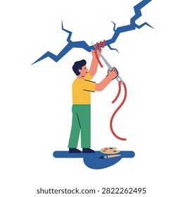 Conceptual flat vector illustration of a man using a large needle and red thread to sew and repair a blue crack.