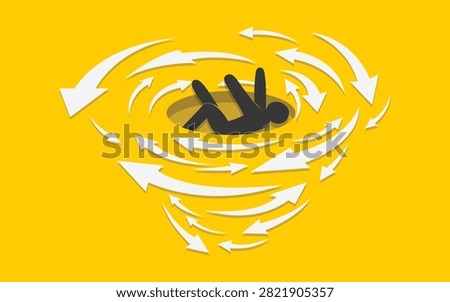 A conceptual flat vector illustration on a yellow background. A black stick figure falls headfirst into a dark hole, surrounded by a vortex of white swirling arrows spiraling inward.