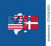 Conceptual flat vector illustration showing Greenland divided by competing geopolitical interests, US symbols on one side and Denmark with NATO on the other, modern editorial illustration, bold colors
