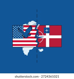 Ilustración vectorial plana conceptual que muestra Groenlandia dividida por intereses geopolíticos en competencia, símbolos estadounidenses en un lado y Dinamarca con la OTAN en el otro, ilustración editorial moderna, colores llamativos