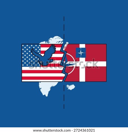 Conceptual flat vector illustration showing Greenland divided by competing geopolitical interests, US symbols on one side and Denmark with NATO on the other, modern editorial illustration, bold colors