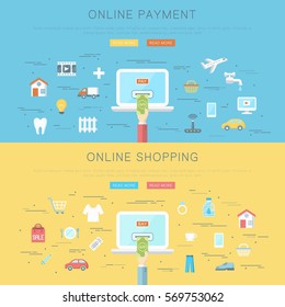 Conceptual flat web design banner, online payment and shopping concept