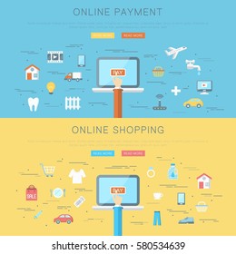 Conceptual flat web design banner, online payment and shopping concept