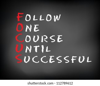Conceptual FOCUS acronym written on black chalkboard blackboard. follow One Course Until Successful. Slide template. Vector Illustration.