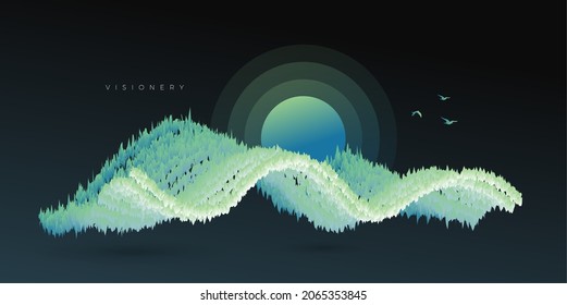 Conceptual Forest Scenery With Colorful Dynamic Wave. Abstract Forest Art Wallpaper.