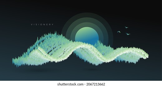 Conceptual forest scenery with dynamic wave. Abstract forest art wallpaper.