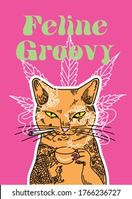 Un dibujo conceptual y divertido del gato fumando cannabis y bebiendo café/té. También está la hoja de cannabis de fondo.