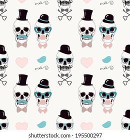 Conceptual Funny Vector Seamless Background Pattern with Skulls of Hipster Lady and Gentleman. Vintage Style. Pattern Swatch is Available