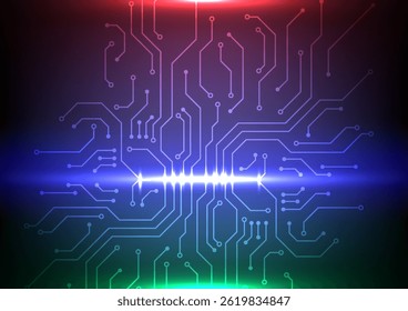 Conceptual futuristic circuit board background with data connections, robotics, and machine learning influences.