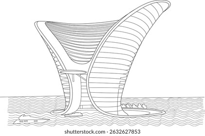 Conceptual Futuristic Tower in Dubai Line Art, Black and white line drawing of a futuristic tower design located in the water, often associated with the conceptual Apeiron Tower in Dubai, featuring