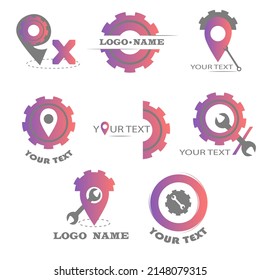 Conceptual gear logo template with geotag. Set of vector icons