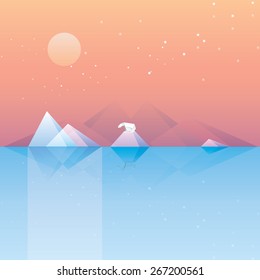 conceptual geometric low poly vector illustration wallpaper of calm arctic landscape, glaciers reflecting in the sea with lonely polar bear standing on the sunset in a night filled with stars.