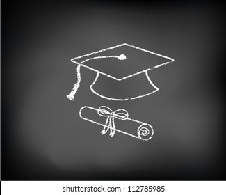 Conceptual graduation background drawn on black chalkboard with graduation cap and diploma. Vector Illustration.