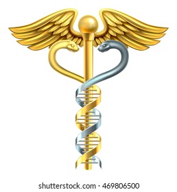 A conceptual graphic of a caduceus medical symbol made of a human DNA double helix genetic chromosome strand.