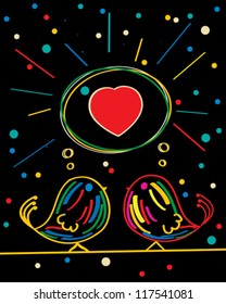 Conceptual graphic card with love birds, stylized brush drawing.