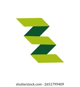 Conceptual graphic design featuring fluid green and teal ribbon shapes forming a modern pattern on white.