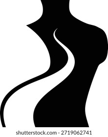 Diseño gráfico conceptual que presenta la silueta de una mujer y un camino curvo que simboliza el crecimiento personal, la salud, la belleza y el camino hacia el autodescubrimiento. Ilustración vectorial