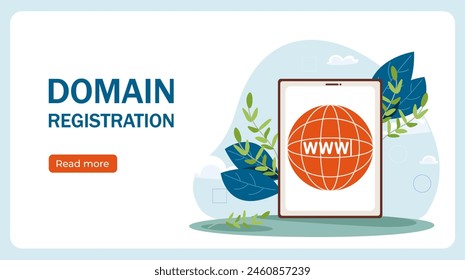 A conceptual graphic of domain registration showing a tablet with a globe icon labeled www, surrounded by foliage, vector illustration on a white background.