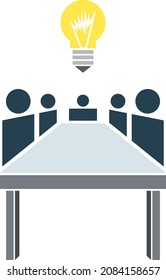 A conceptual graphic featuring five simplified figures sitting around a table, with a lightbulb above their heads.