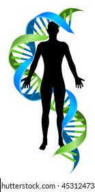 A conceptual graphic of a human person figure silhouette with a double Helix DNA genetics chromosome strand