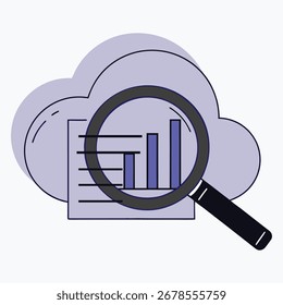 A conceptual graphic illustrating data analysis and insight, featuring a cloud symbol integrated with a magnifying glass examining a bar chart.