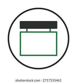 A ilustração gráfica conceitual apresenta um topo retangular preto com uma base retangular contornada em verde, dentro de um círculo preto elegante. Representa o estabelecimento comercial geral, como