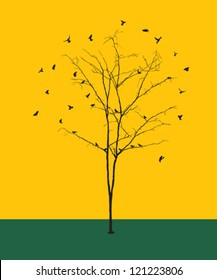 Conceptual graphic illustration with a leafless winter tree silhouette and birds.