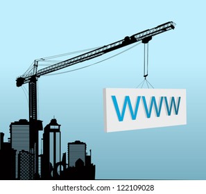 Conceptual graphic with a large tower crane holding a www