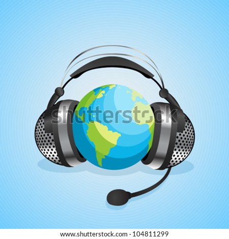 Conceptual graphic for on-line chat, worl communication with headphones over a globe. Abstract art