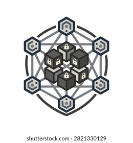 A conceptual graphic representing decentralized security with a hexagonal grid connecting encrypted data blocks featuring padlock symbols