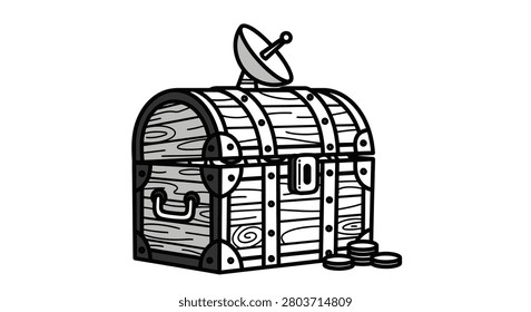 Conceptual graphic representing the value of data and information, combining an old treasure chest with high-tech communication equipment.