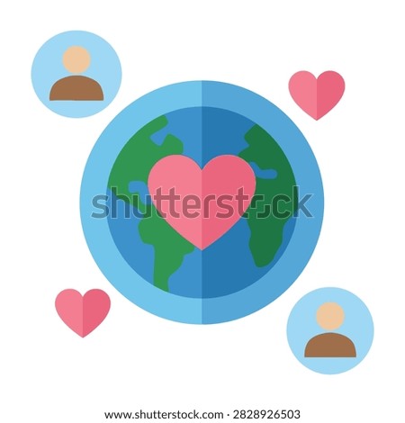 Conceptual graphic showing a globe with a central pink heart surrounded by user avatars and floating hearts. Represents global unity, social networking, and worldwide affection.